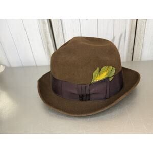 Vintage DOBBS New York Bishop Fedora Hat Dark Brown Feather Accent Size 7 1/4